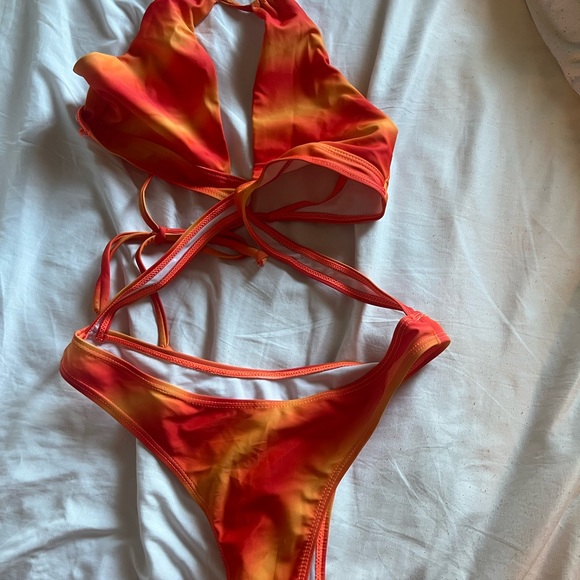 Orange Ombre Stripe Halter Cross Front Swimsuit - Picture 4 of 5